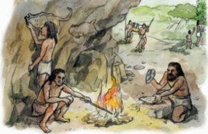 Древние люди у пещеры: разжигают огонь, рисуют на скалах и готовятся к охоте