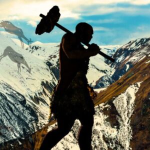 Древний корейский охотник каменного века с копьём на фоне заснеженных гор и наскальных рисунков