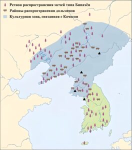 Карта распространения мечей типа Бипахён, дольменов икультурной зоны Кочосона
