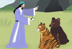 Хванун даёт медведю и тигру пучок чеснока и полыни, чтобы те прошли испытание и стали людьми