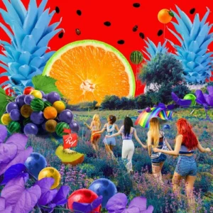 Обложка альбома Red Velvet - Red Flavor, яркий летний коллаж с фруктами и участницами группы