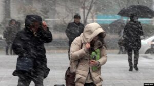 Люди в масках и тёплой одежде идут по улице в сильный мороз в Корее
