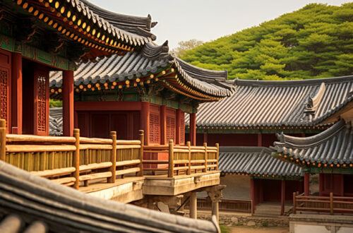 Комплекс традиционных корейских зданий с изогнутыми черепичными крышами, красными деревянными элементами и зеленым лесным фоном.