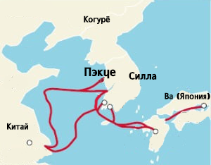 Карта морских путей Пэкче, связывавших Корею, Китай и Японские острова.