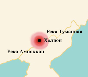 Карта, показывающая расположение первой столицы Когурё, города Холпон, между реками Амноккан и Туманная
